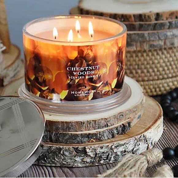 NEW HomeWorx Chestnut Wood Candle Luxury praline smoked cedar mahogany NIB HTF - Picture 2 of 6